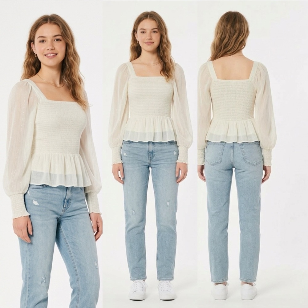 Nine West Ivory with Silver Sparkly Stripe Square Neck Chiffon Line Blouse — XS